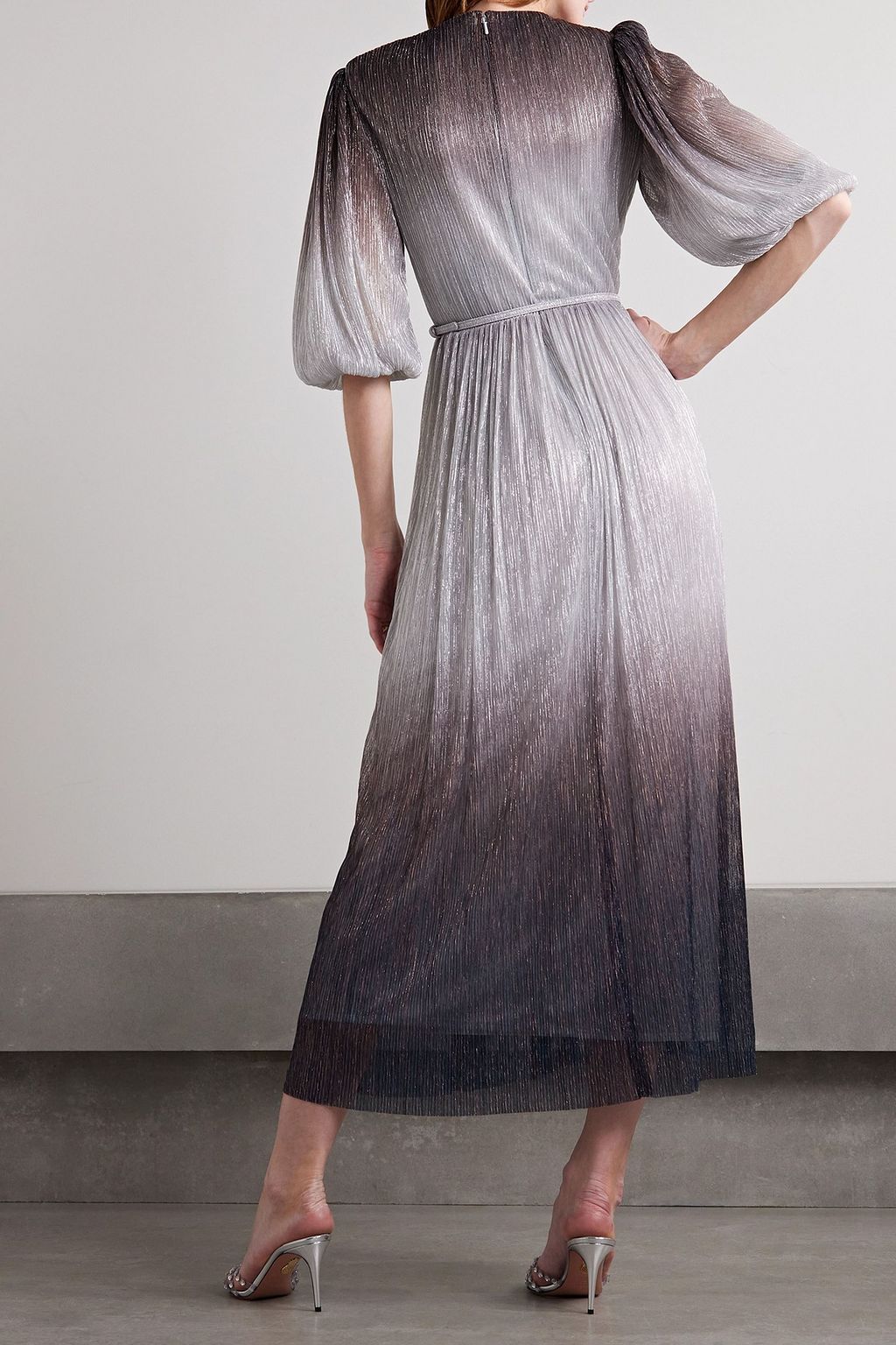 COSTARELLOS Wrap-effect metallic plissé-jersey midi dress