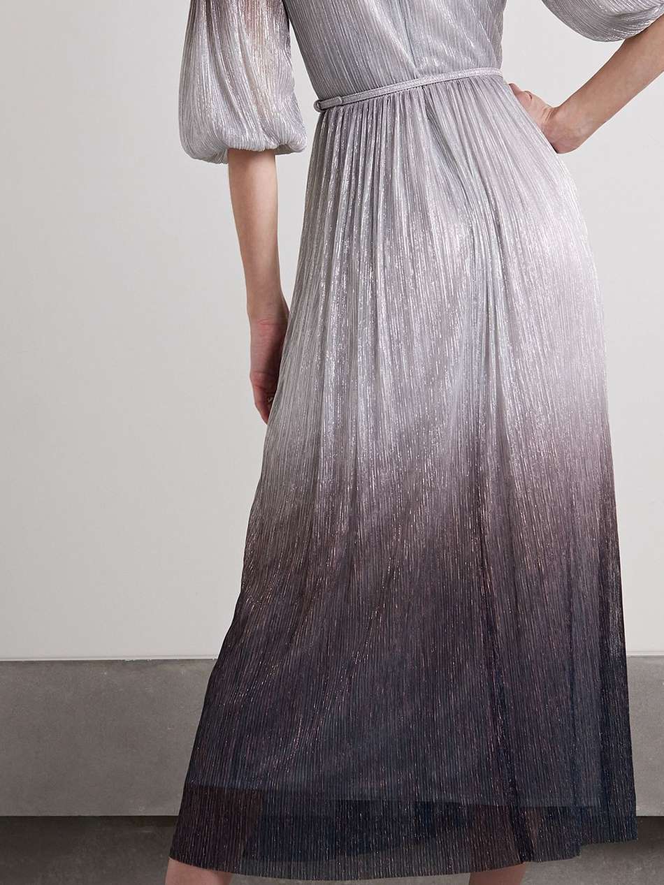 mercier belted plissé-lamé midi dress