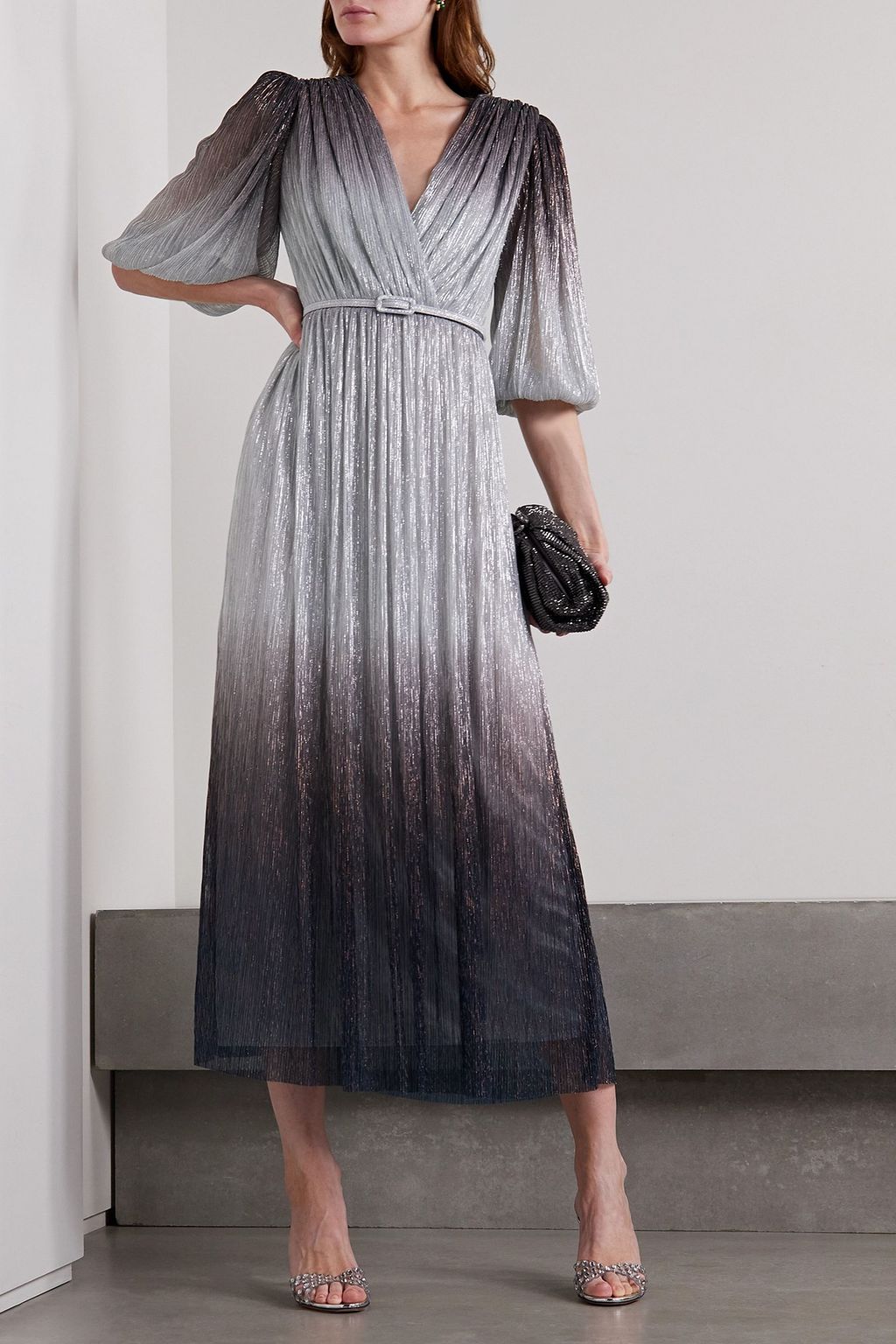 COSTARELLOS Wrap-effect metallic plissé-jersey midi dress