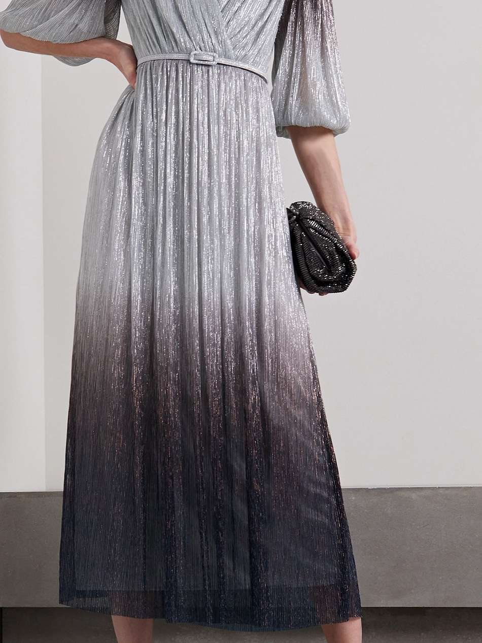 mercier belted plissé-lamé midi dress