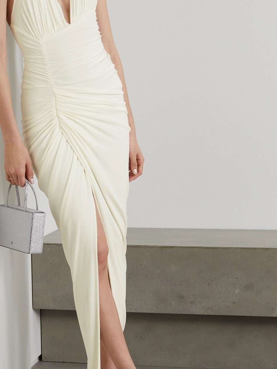 ruched stretch-jersey halterneck gown