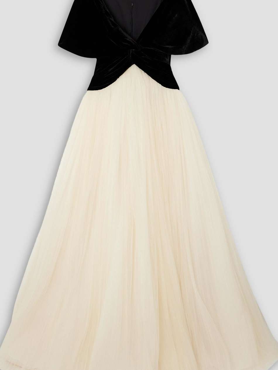 elestia velvet and gathered tulle gown