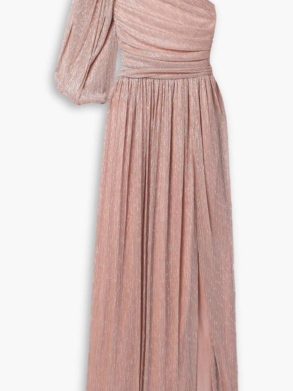 morgan one-sleeve gathered plissé-lamé gown