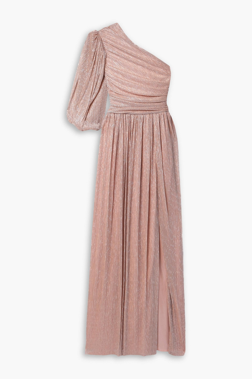 Costarellos Morgan One-sleeve Gathered Plissé-lamé Gown In Antique Rose