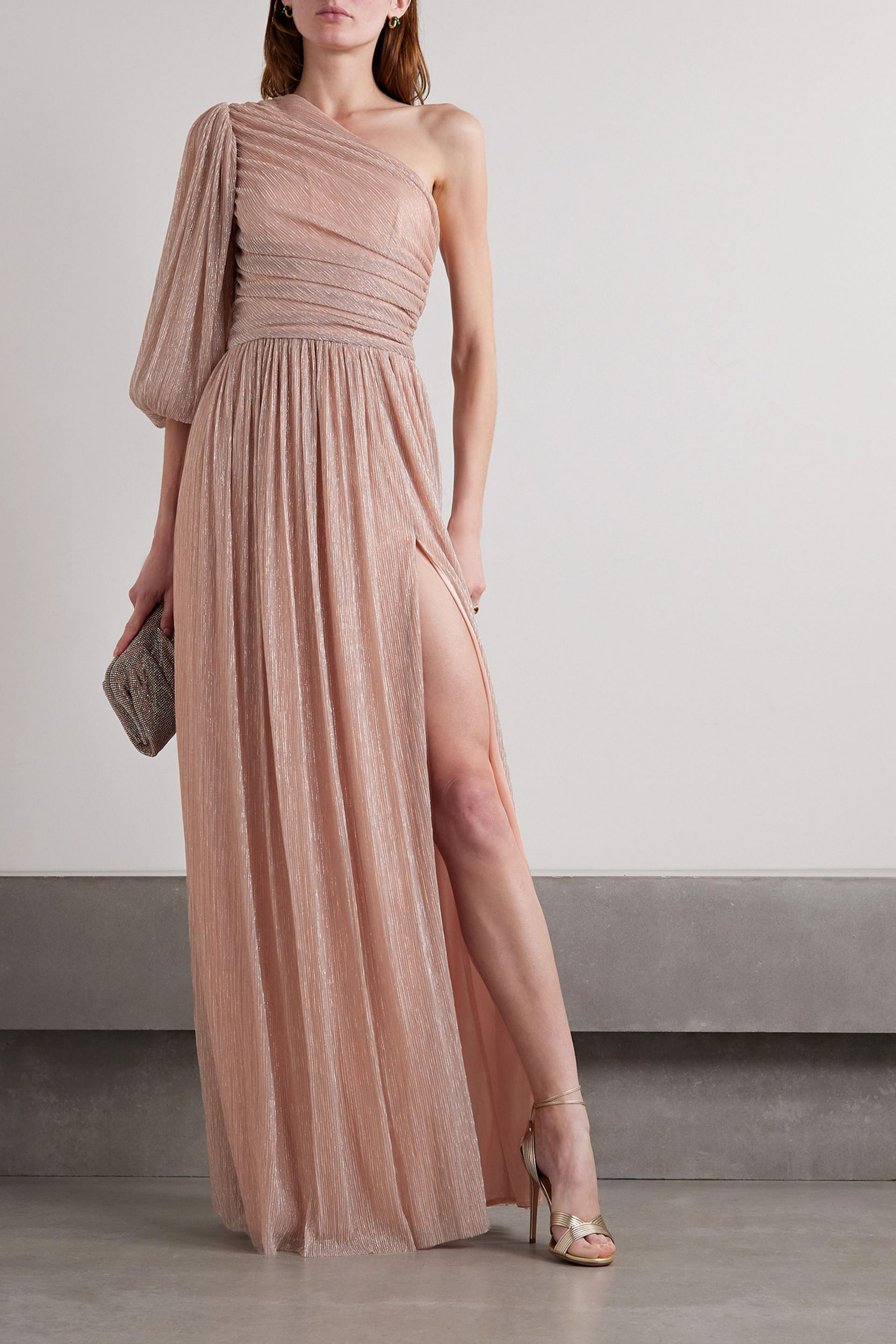 Costarellos Morgan one-sleeve gathered plissé-lamé gown
