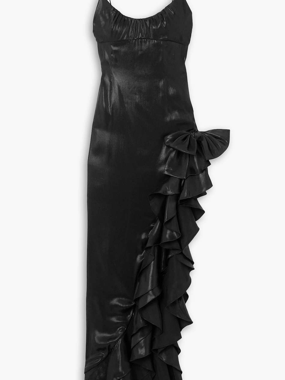 asymmetric ruffled satin midi dress