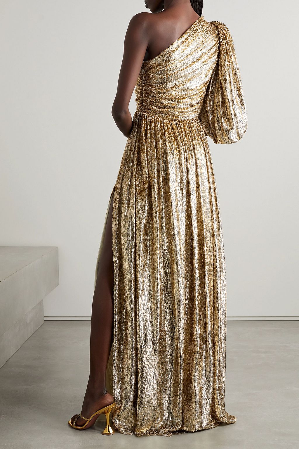 COSTARELLOS One-sleeve metallic fil coupé voile gown