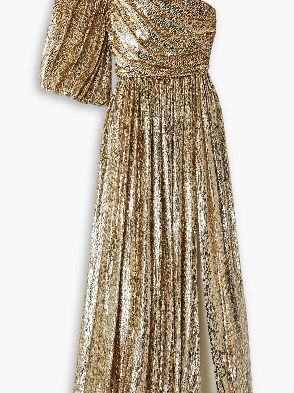 one-shoulder metallic fil coupé voile gown