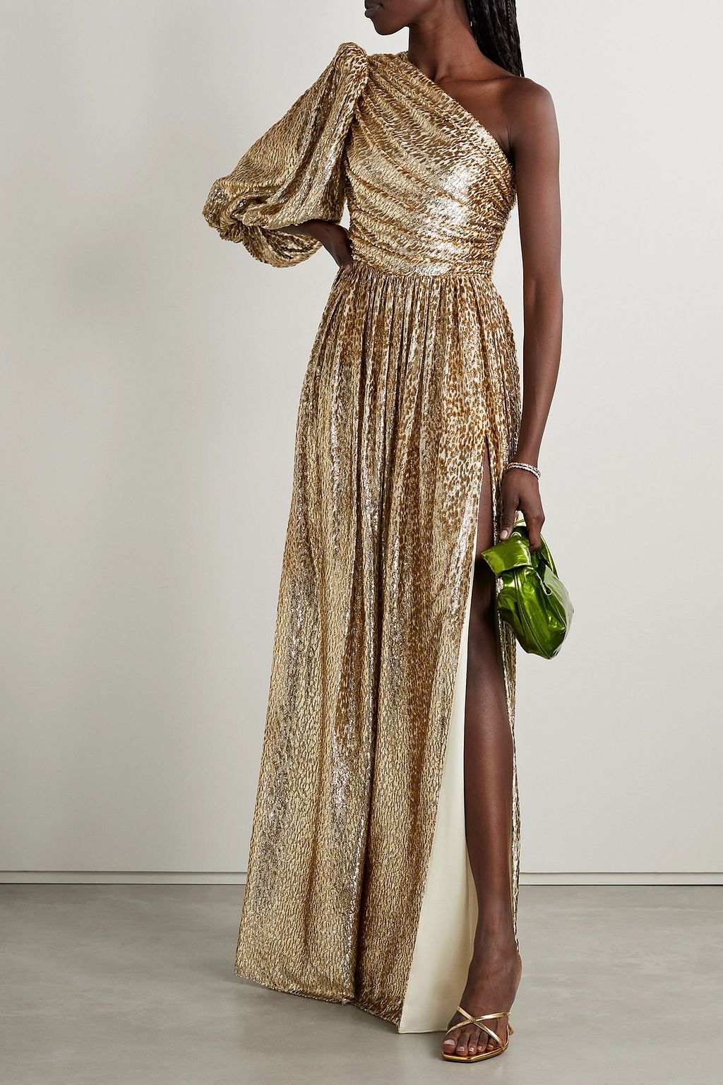 COSTARELLOS One-sleeve metallic fil coupé voile gown