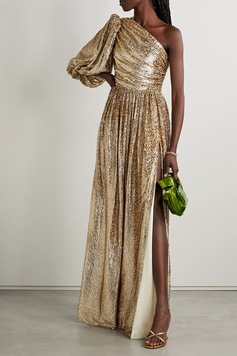 Costarellos One-shoulder Metallic Fil Coupé Voile Gown In Gold