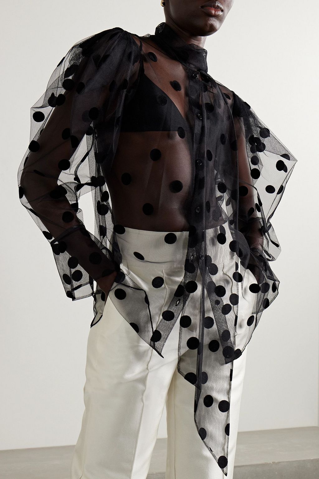 NINA RICCI Pussy-bow flocked tulle blouse