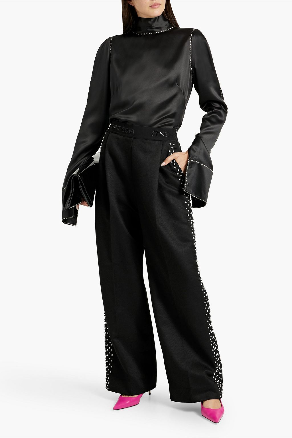 STINE GOYA Ciara crystal-embellished twill wide-leg pants