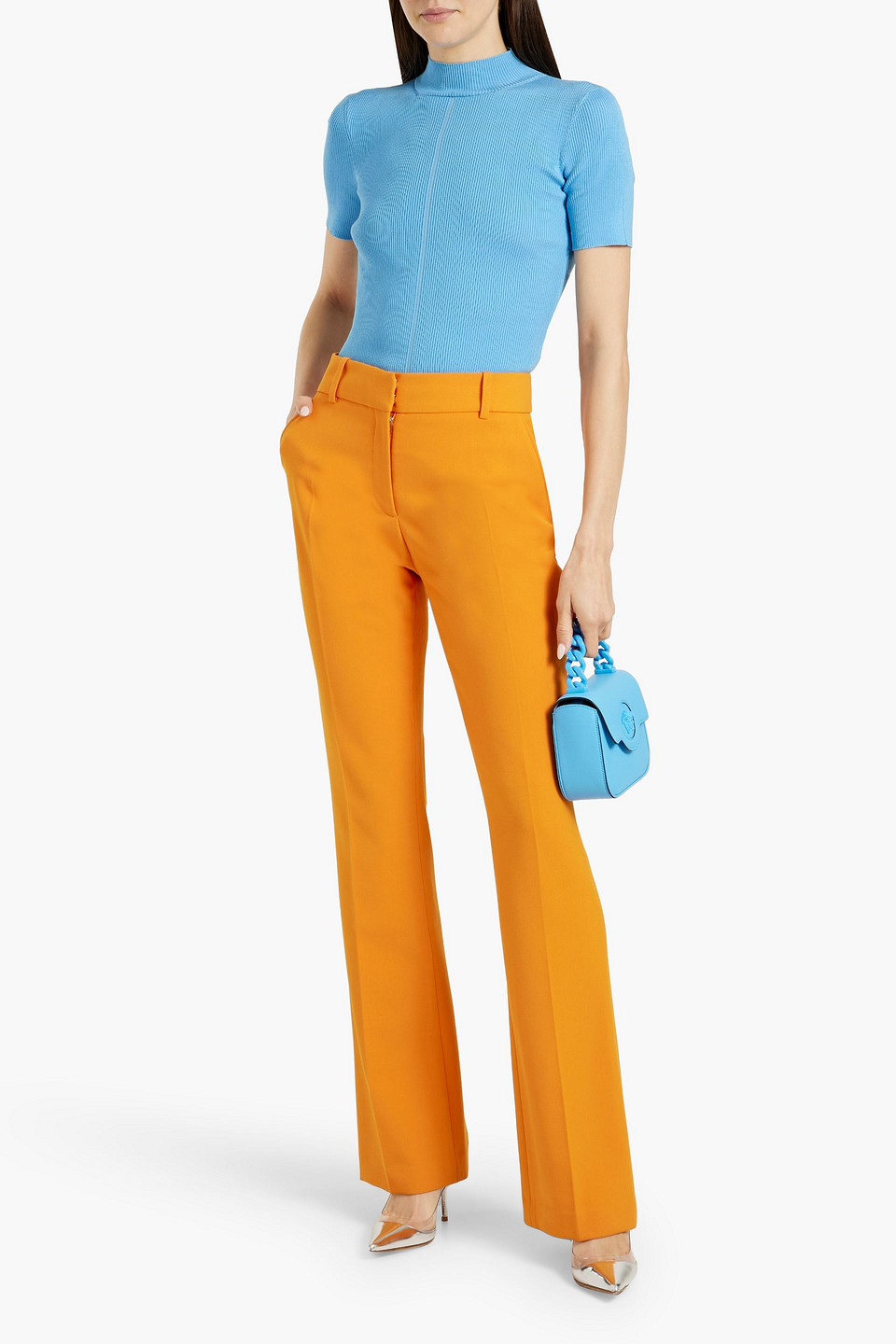 Oscar De La Renta Ribbed Silk-blend Turtleneck Top In Sky Blue