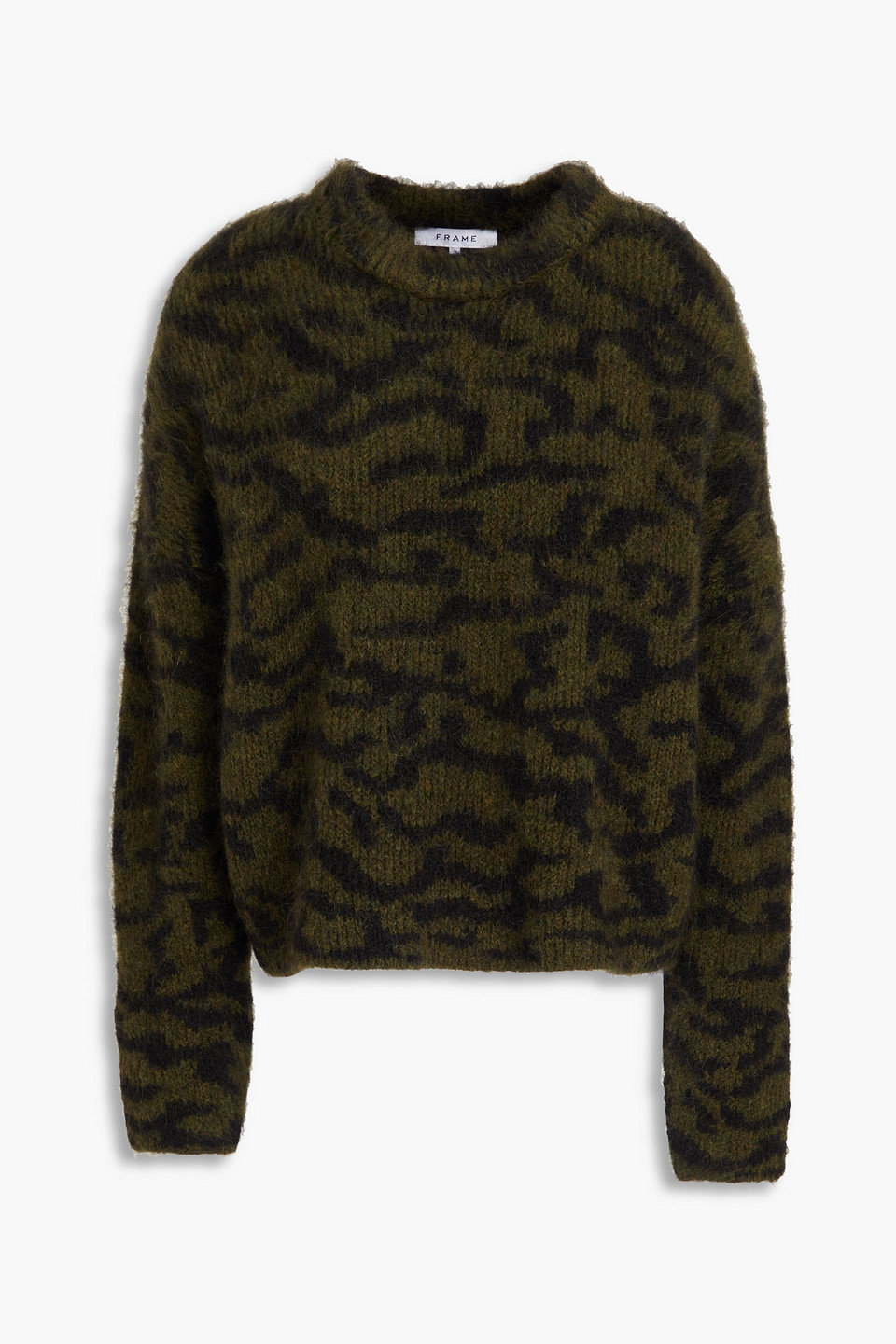 Frame Abstract Jacquard Crewneck Sweater In Army Green