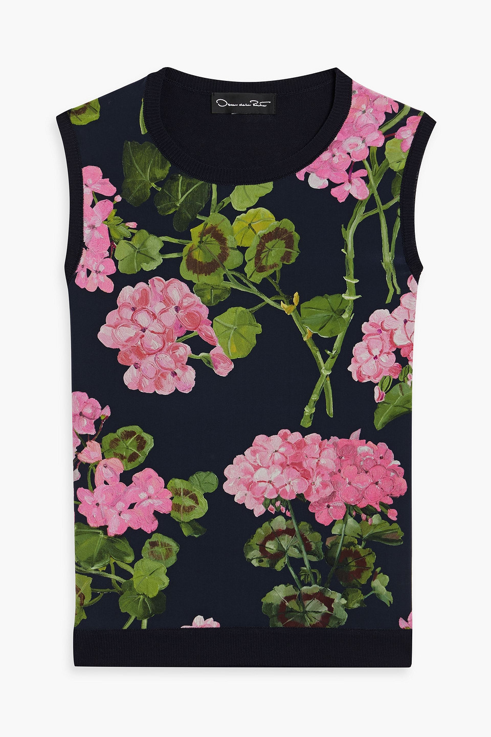 oscar de la renta - floral-print crepe-paneled silk-blend top - blue - xl