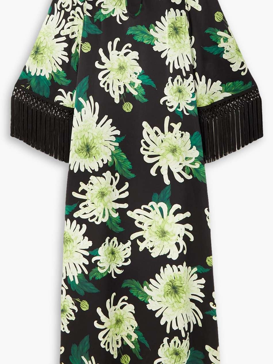 cutout fringed floral-print silk-satin gown