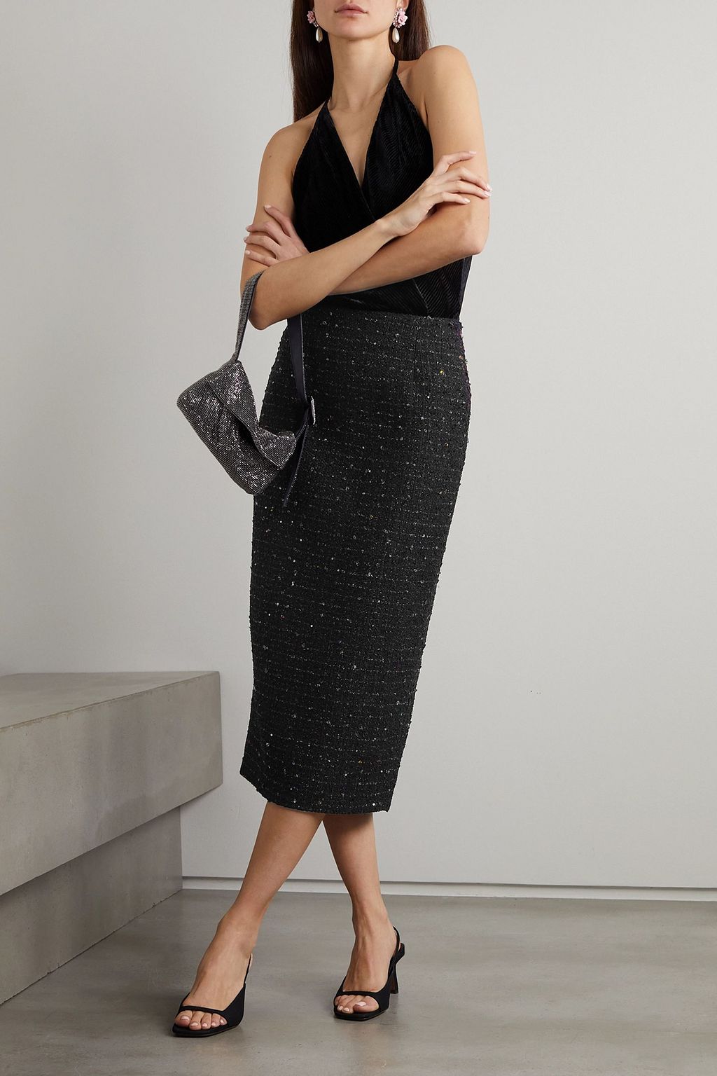 ALESSANDRA RICH Sequined metallic bouclé midi skirt