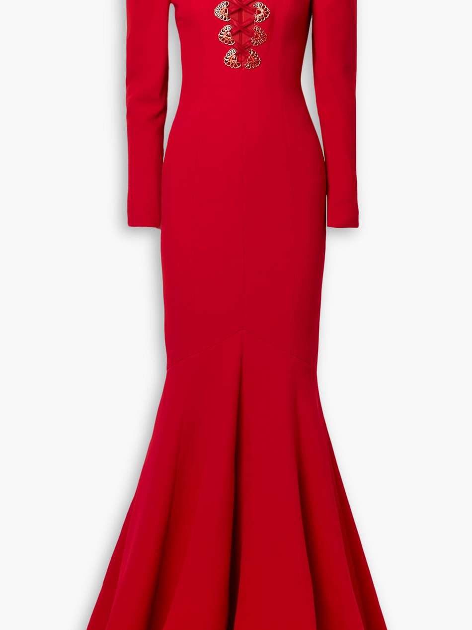 lace-up crystal-embellished crepe gown