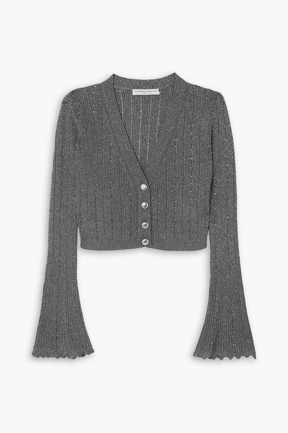 Alessandra Rich Cropped Crystal-embellished Metallic Ribbed-knit Cardigan In Dunkelgrau