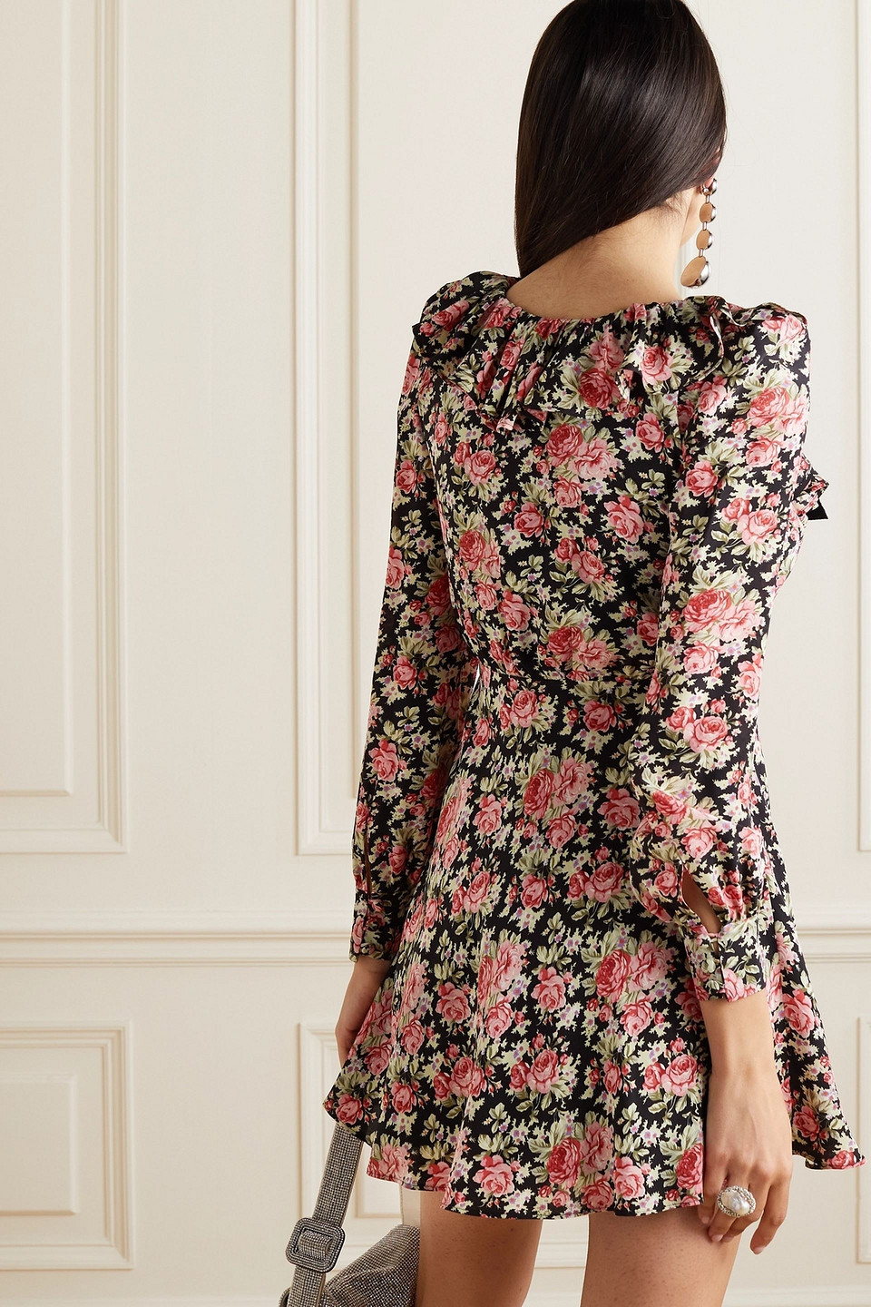  Alessandra Rich - Minikleid Aus Crêpe De Chine Aus Seide Mit Blumenprint Und Verzierungen - Schwarz - It 38 