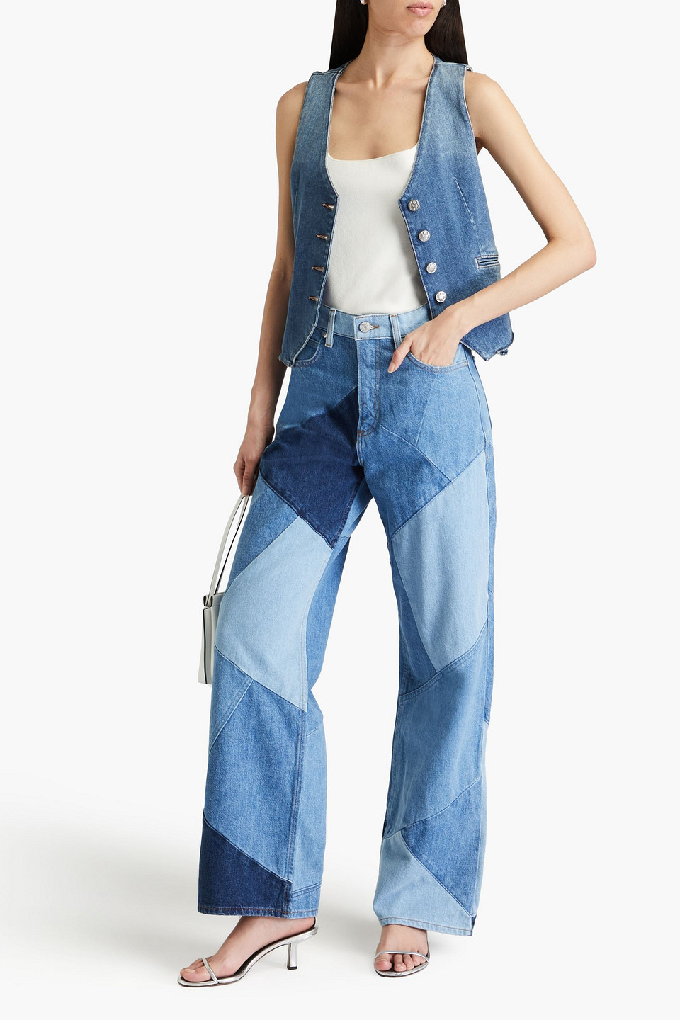 Frame High N Tight Patchwork High-rise Straight-leg Jeans In Mid Denim