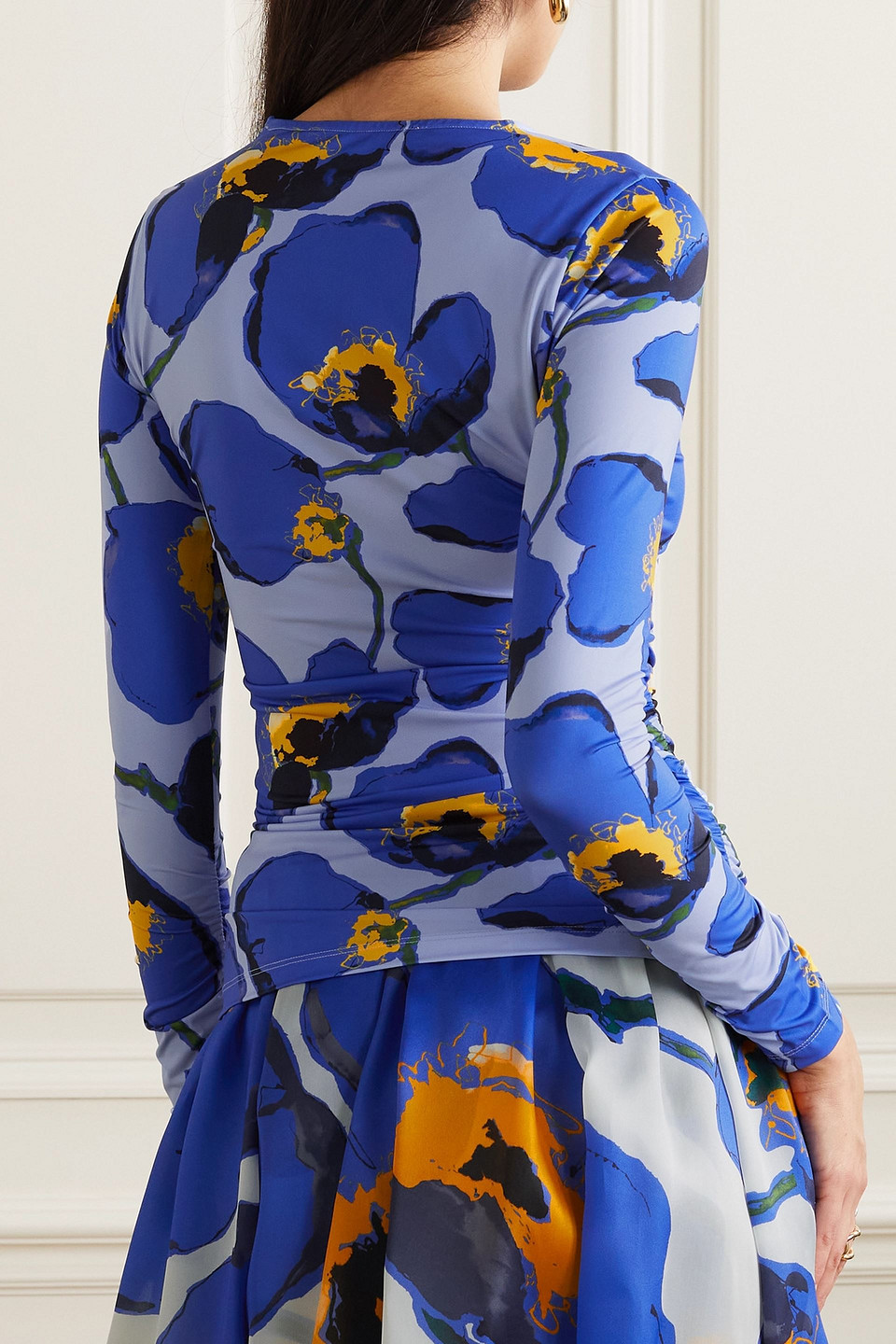Carolina Herrera Ruched Floral-print Stretch-jersey Top In Cobalt Blue