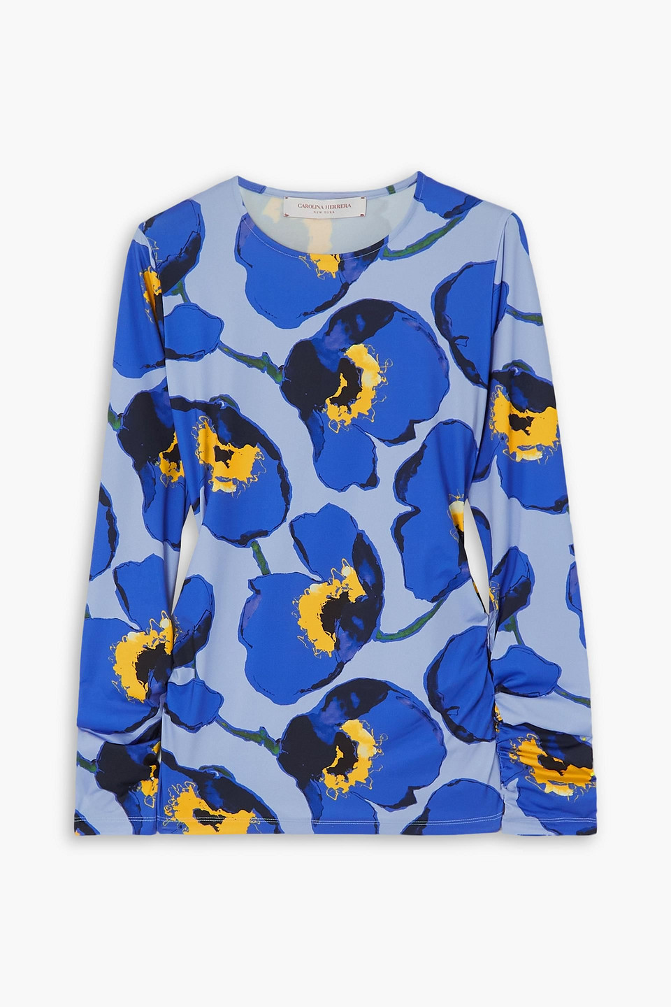 Carolina Herrera Ruched Floral-print Stretch-jersey Top In Cobalt Blue