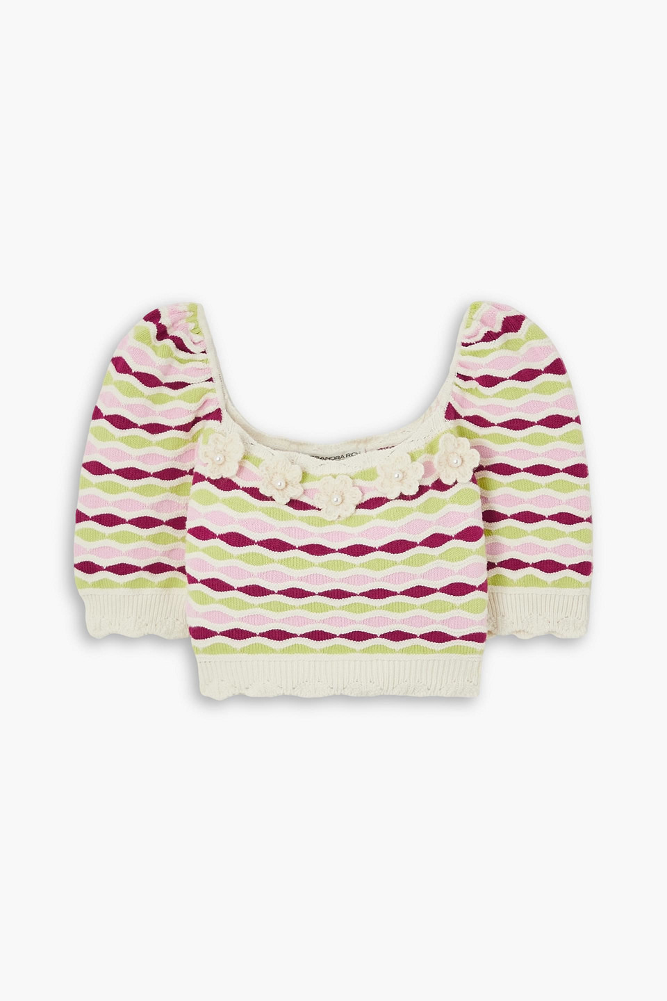 Alessandra Rich Cropped Embroidered Wool-trimmed Cotton-blend Top In Baby Pink