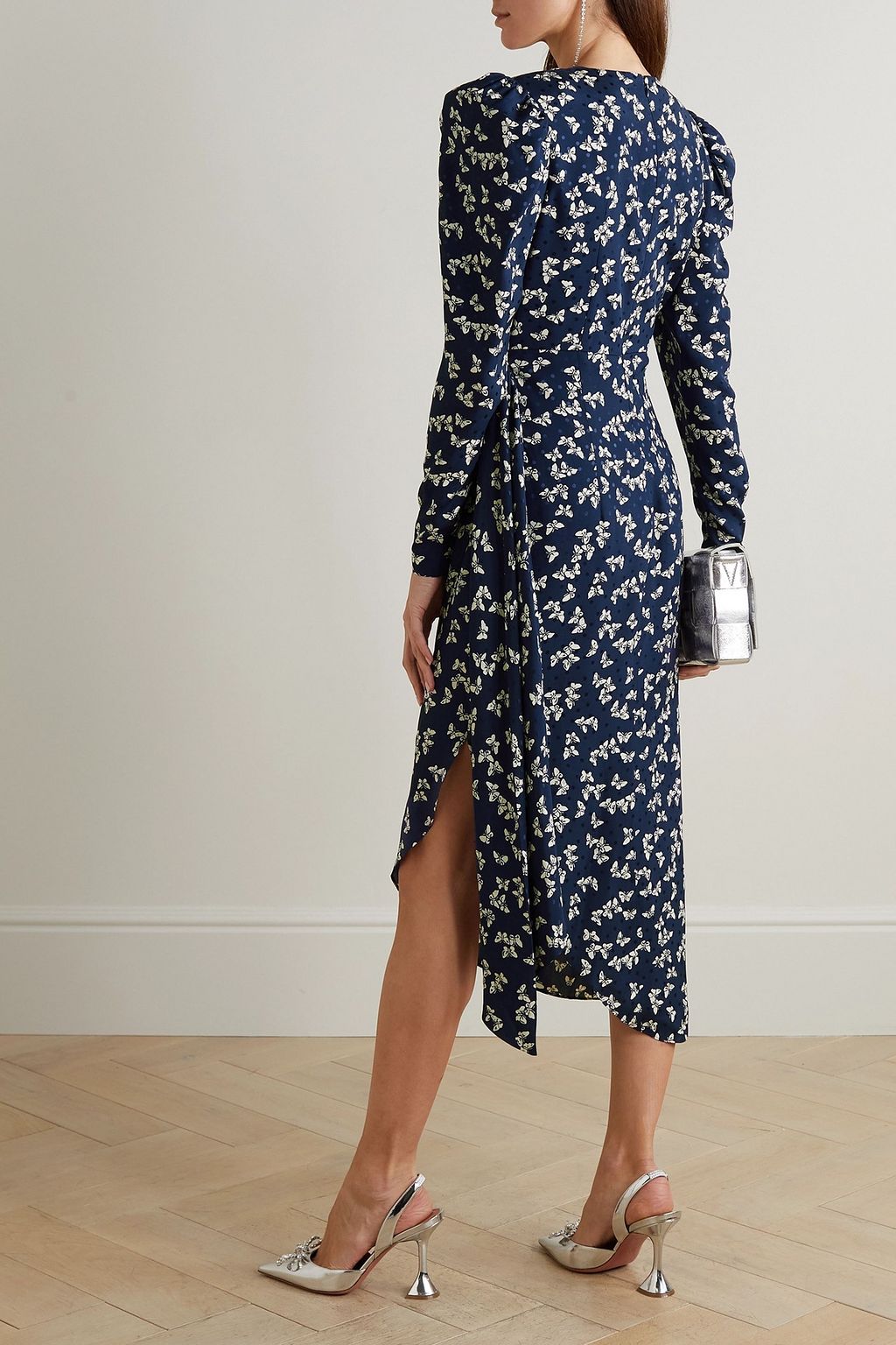 ALESSANDRA RICH Draped button-embellished printed silk-jacquard midi dress