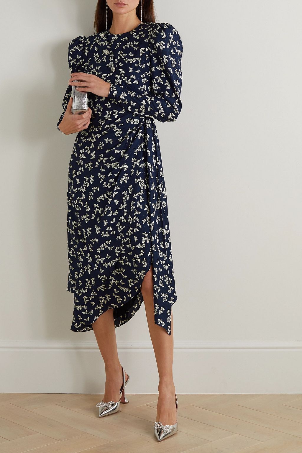ALESSANDRA RICH Draped button-embellished printed silk-jacquard midi dress