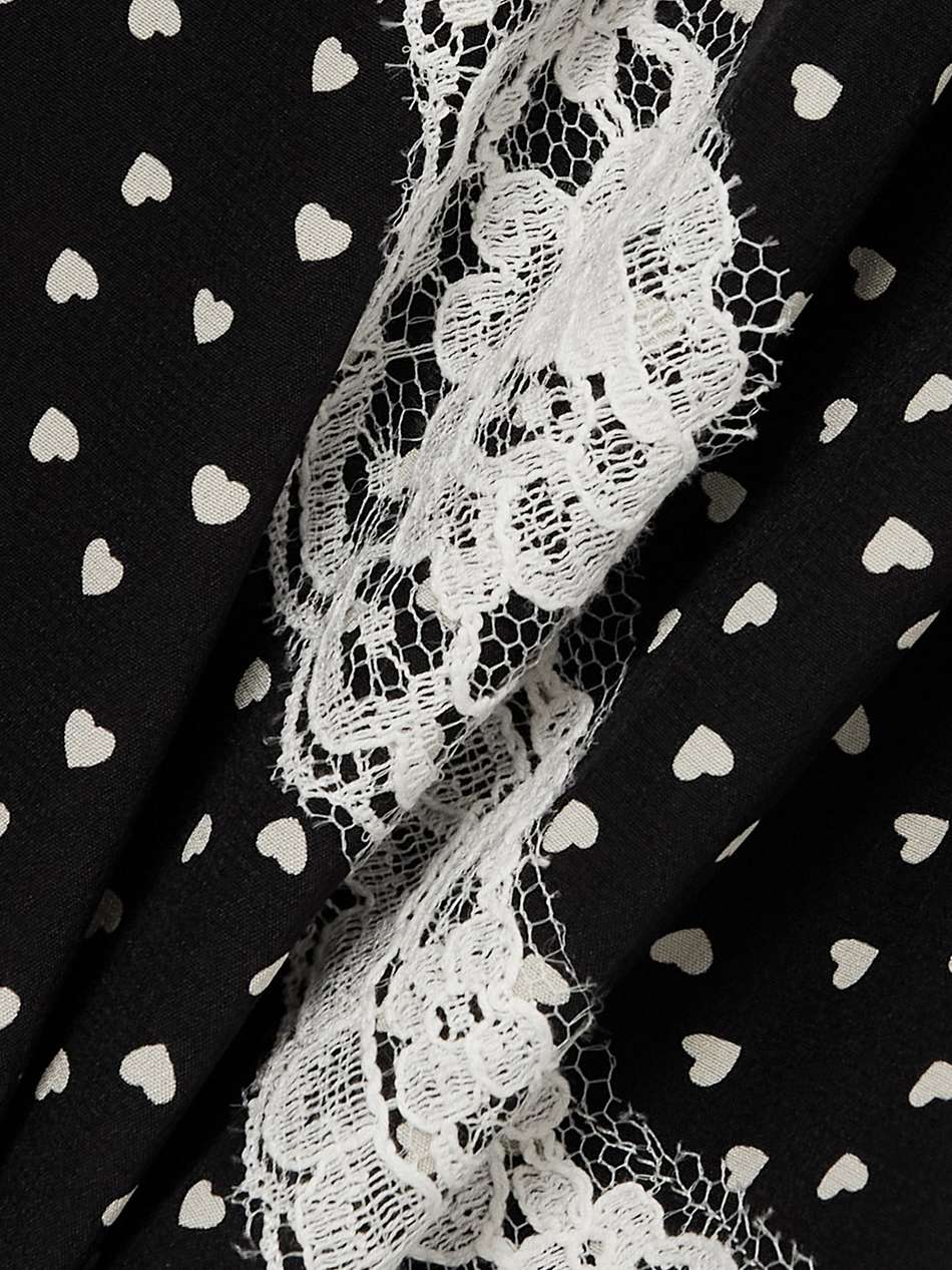 asymmetric lace-trimmed printed silk midi dress