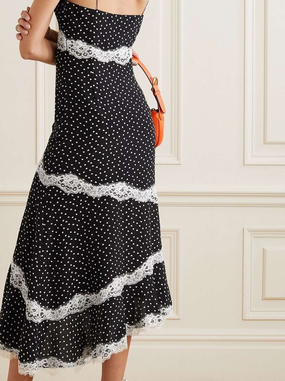 asymmetric lace-trimmed printed silk midi dress