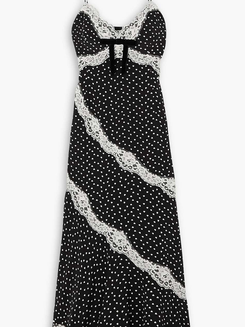 asymmetric lace-trimmed printed silk midi dress