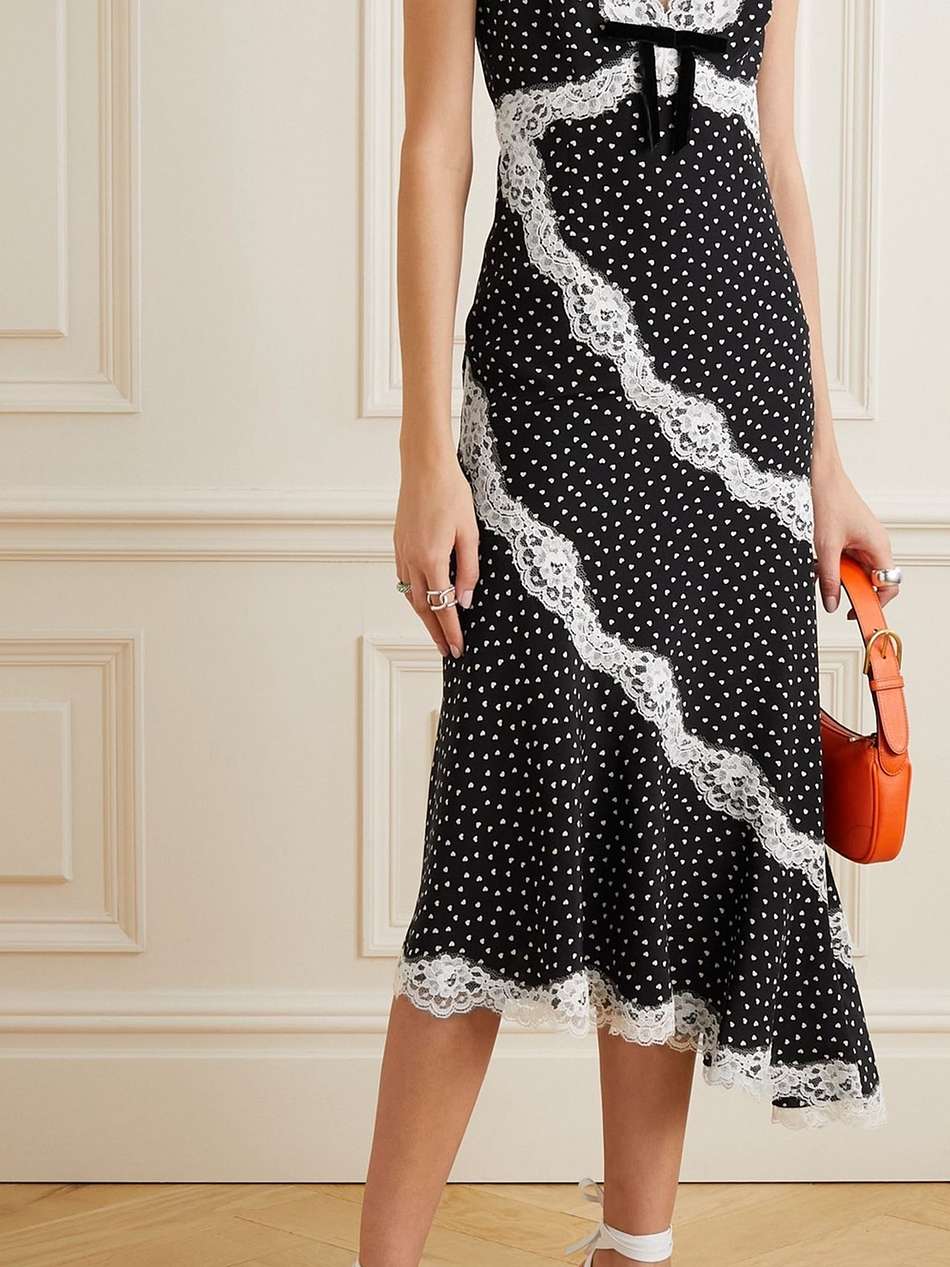asymmetric lace-trimmed printed silk midi dress