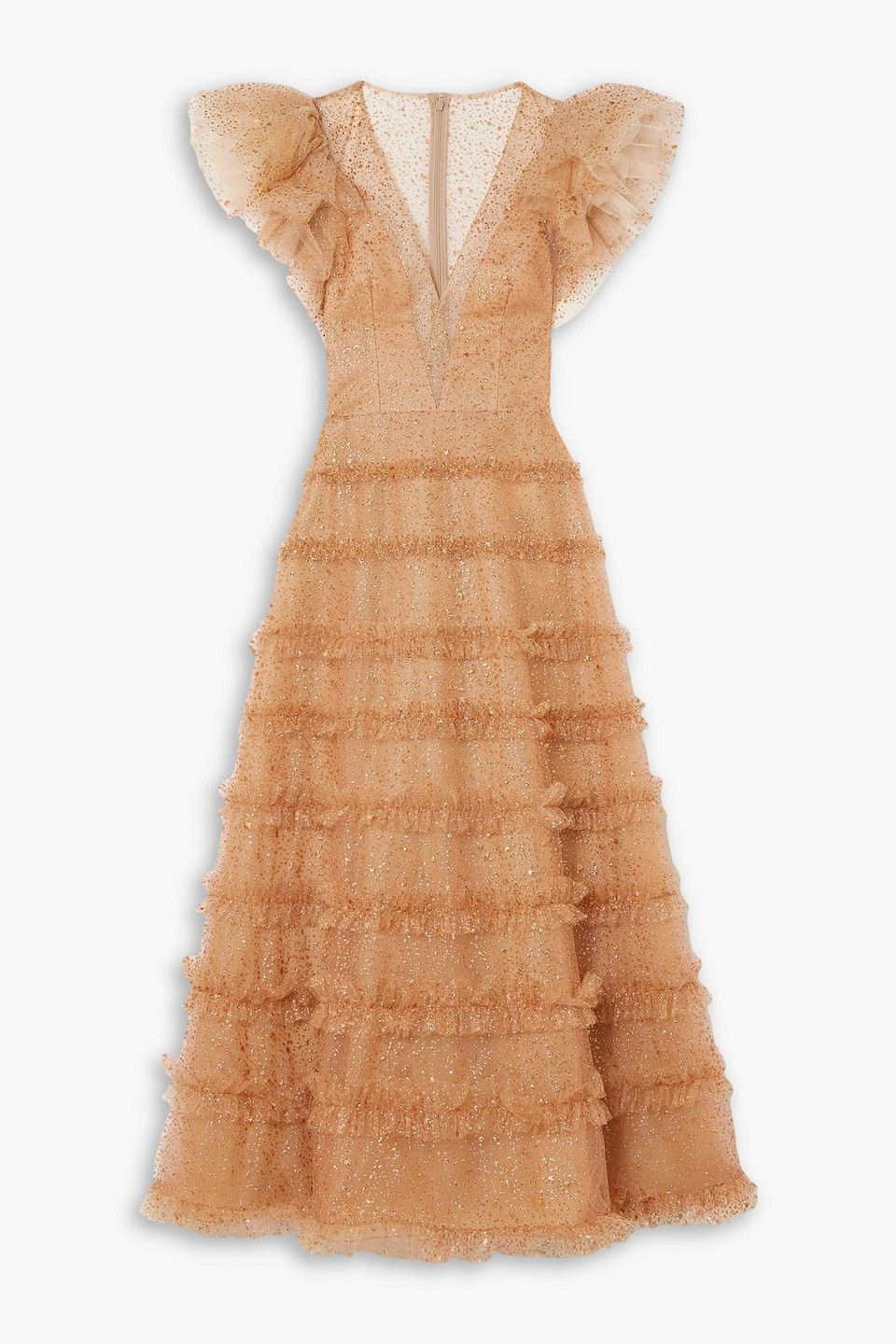 Costarellos Nixie Tiered Glittered Tulle Midi Dress In Orange