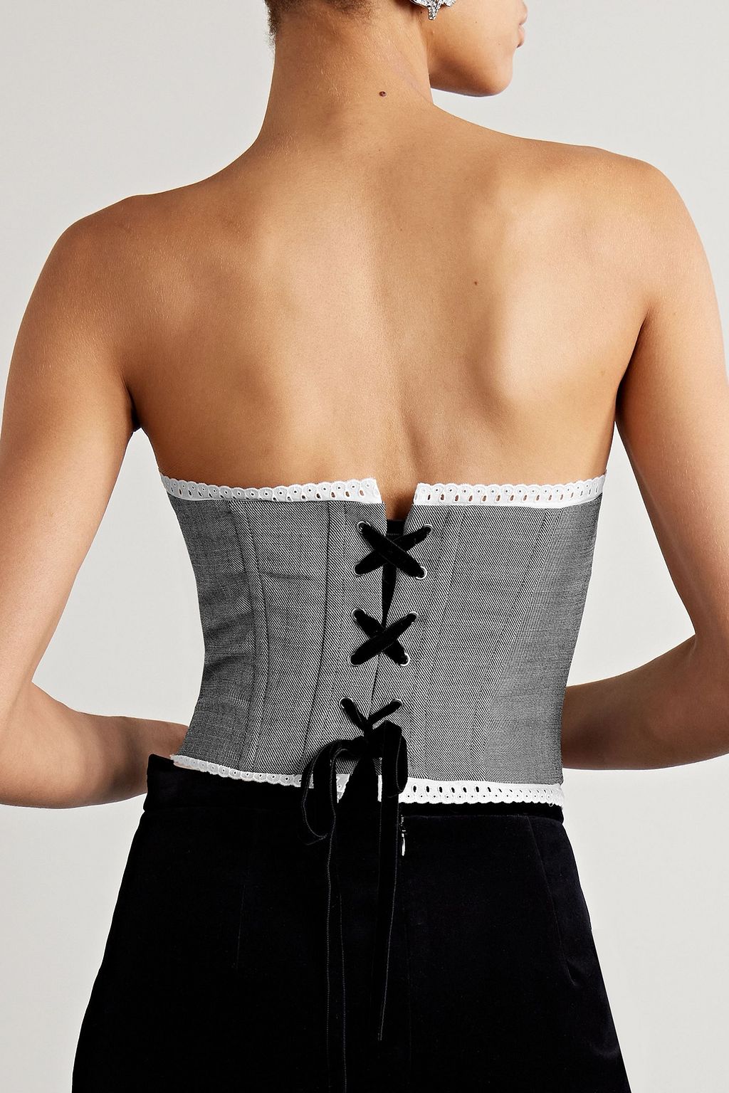 ALESSANDRA RICH Strapless broderie anglaise-trimmed wool-blend bustier top
