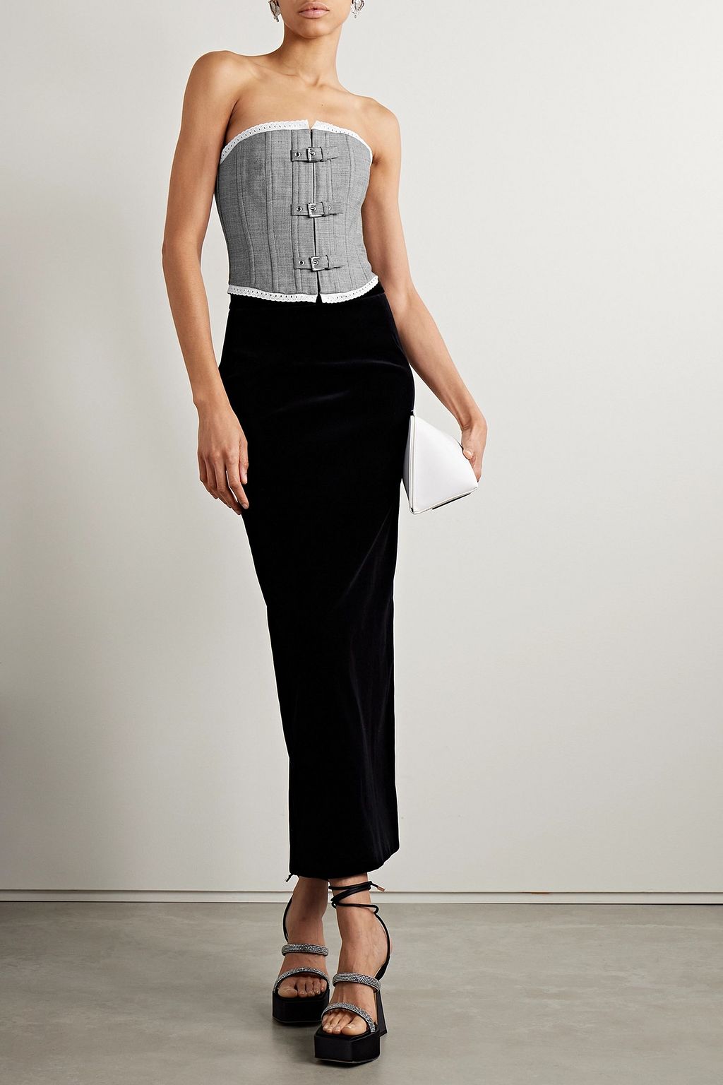ALESSANDRA RICH Strapless broderie anglaise-trimmed wool-blend bustier top