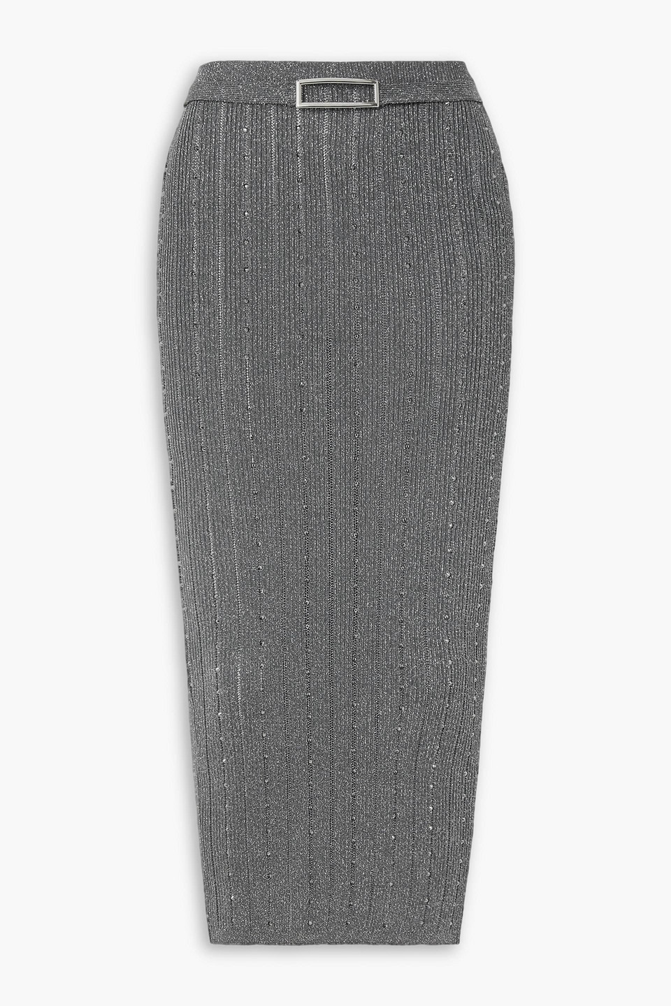 Embellished metallic ribbed-knit midi skirt