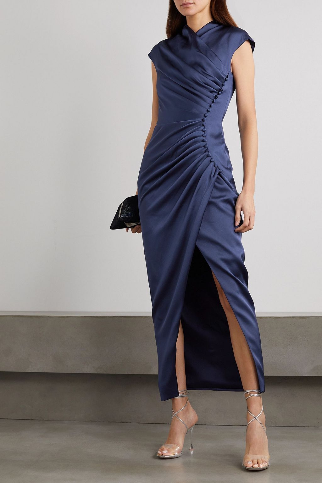 RASARIO Button-embellished draped satin midi dress