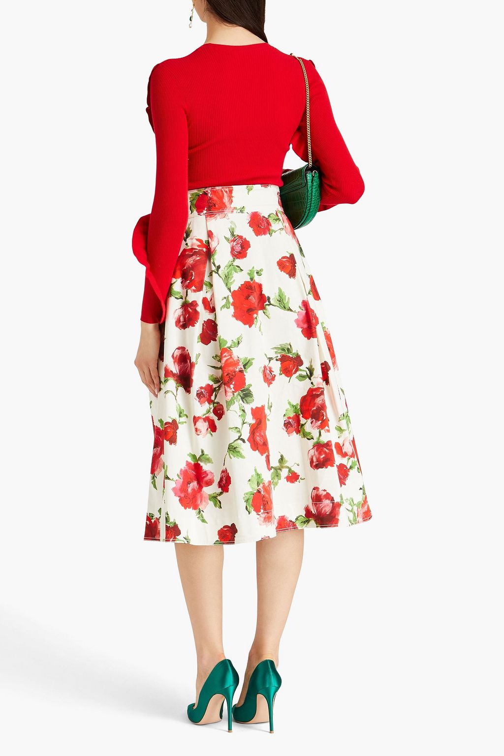 CAROLINA HERRERA تنور متوسطة الطول من مزيج القطن مزينة بكسرات وبطبعة الأزهار
