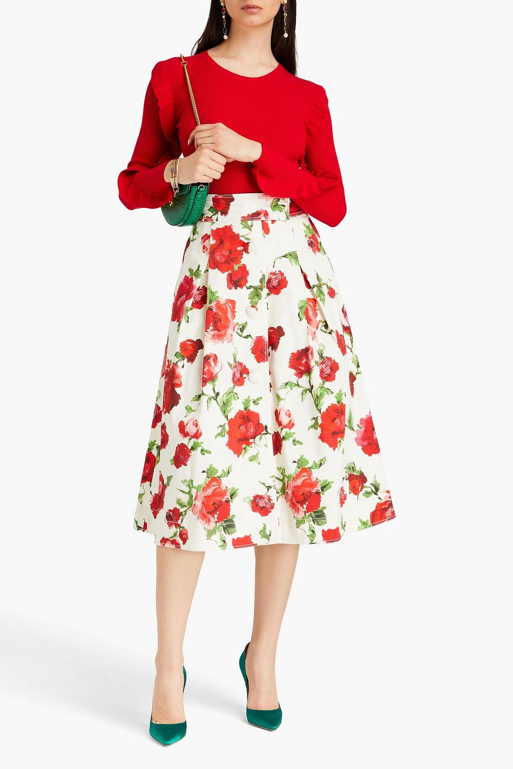 CAROLINA HERRERA تنور متوسطة الطول من مزيج القطن مزينة بكسرات وبطبعة الأزهار