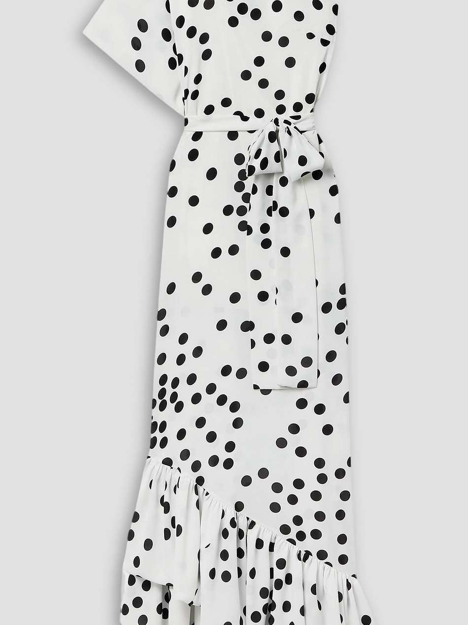one-shoulder belted ruffled polka-dot crepe gown