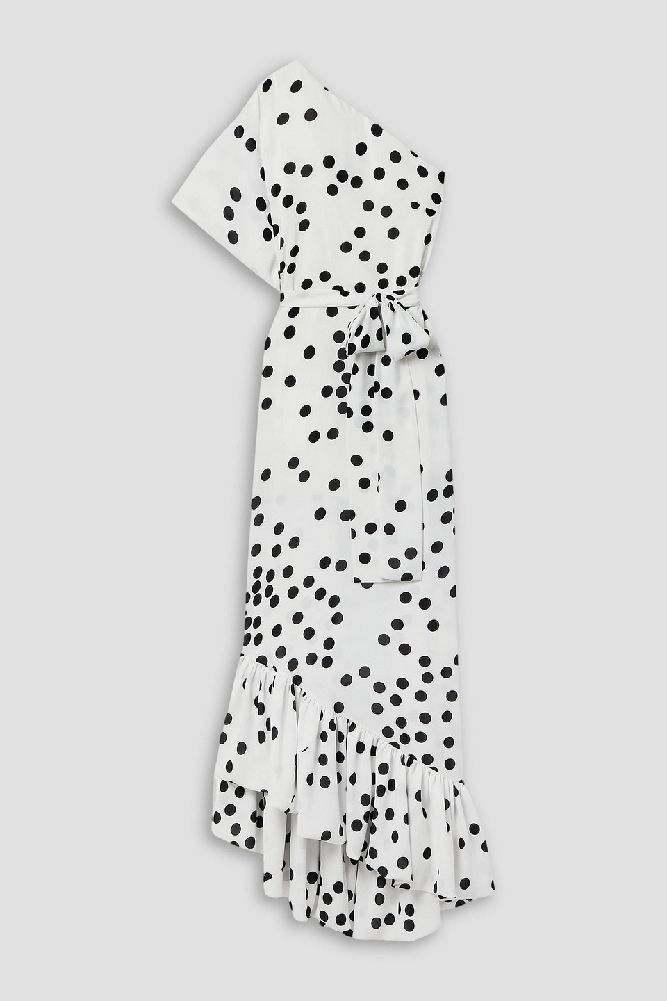 Monique Lhuillier One-shoulder Belted Ruffled Polka-dot Crepe Gown In White