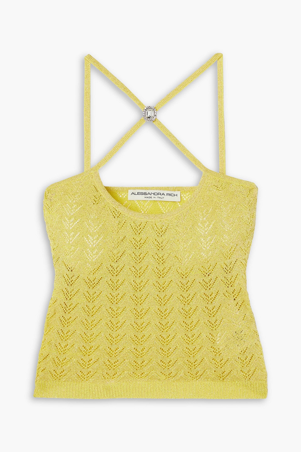 Alessandra Rich Cropped Embellished Metallic Pointelle-knit Top In Mustard