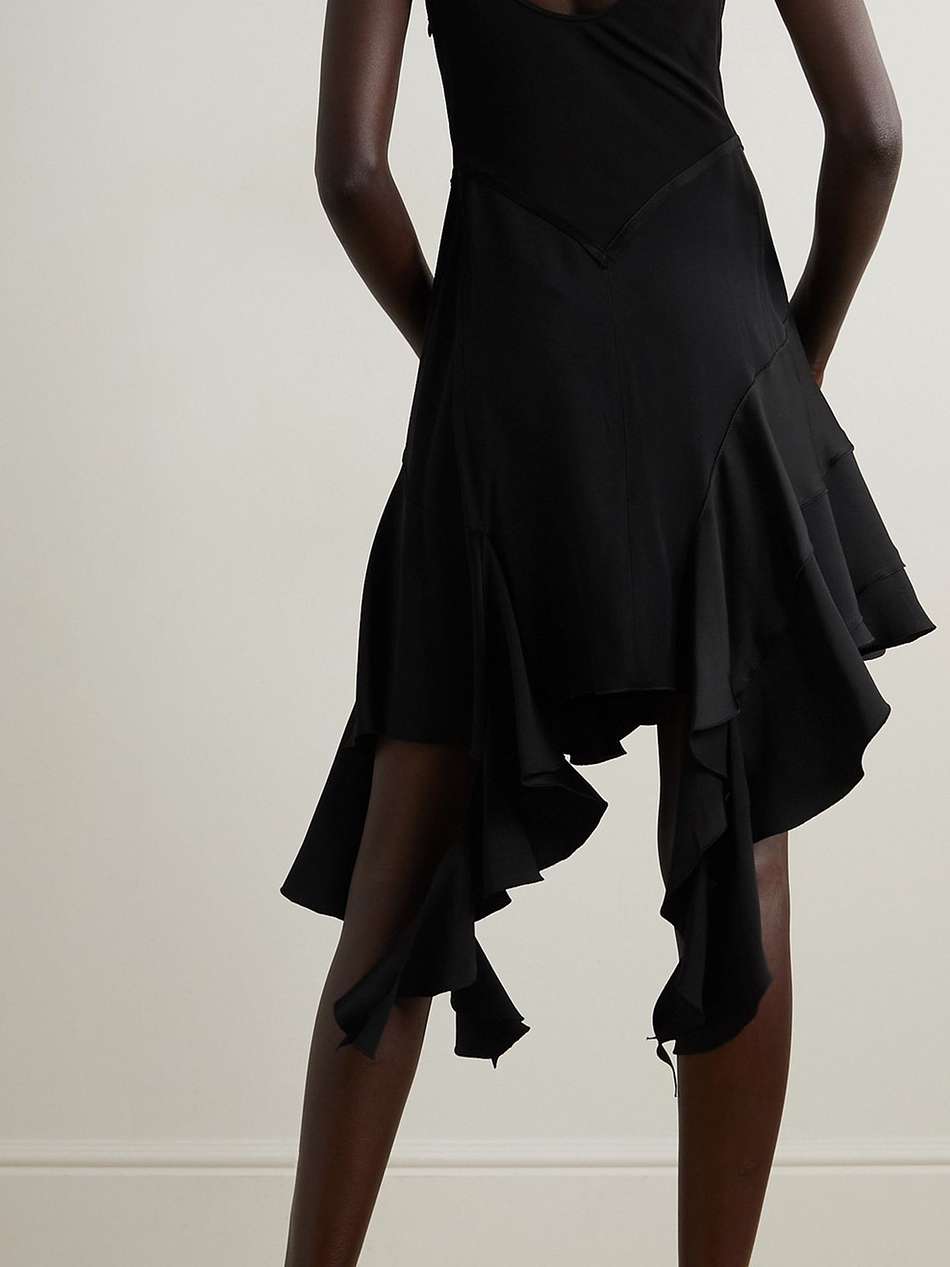 ruffled lace-trimmed jersey and satin mini dress