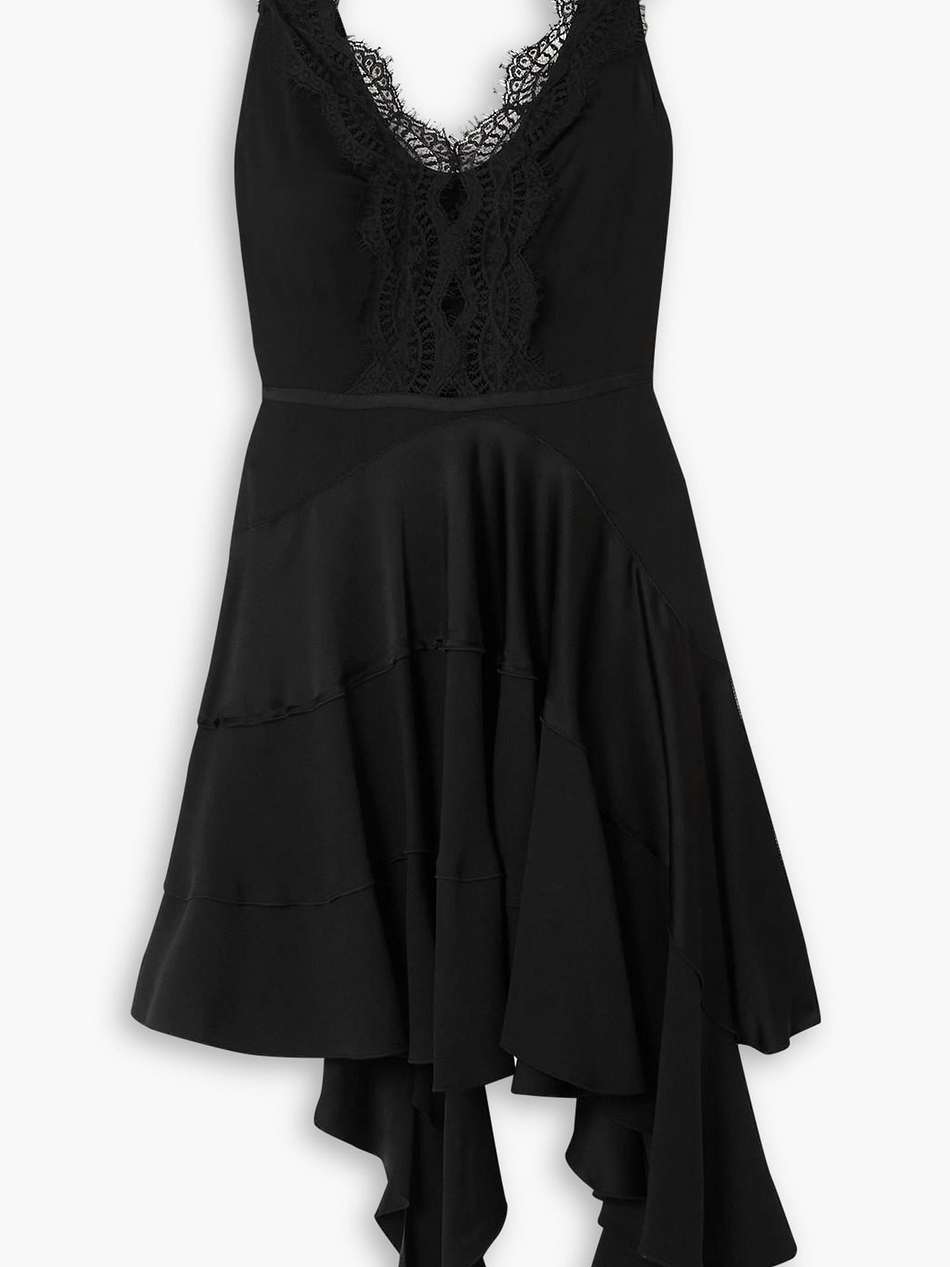 ruffled lace-trimmed jersey and satin mini dress