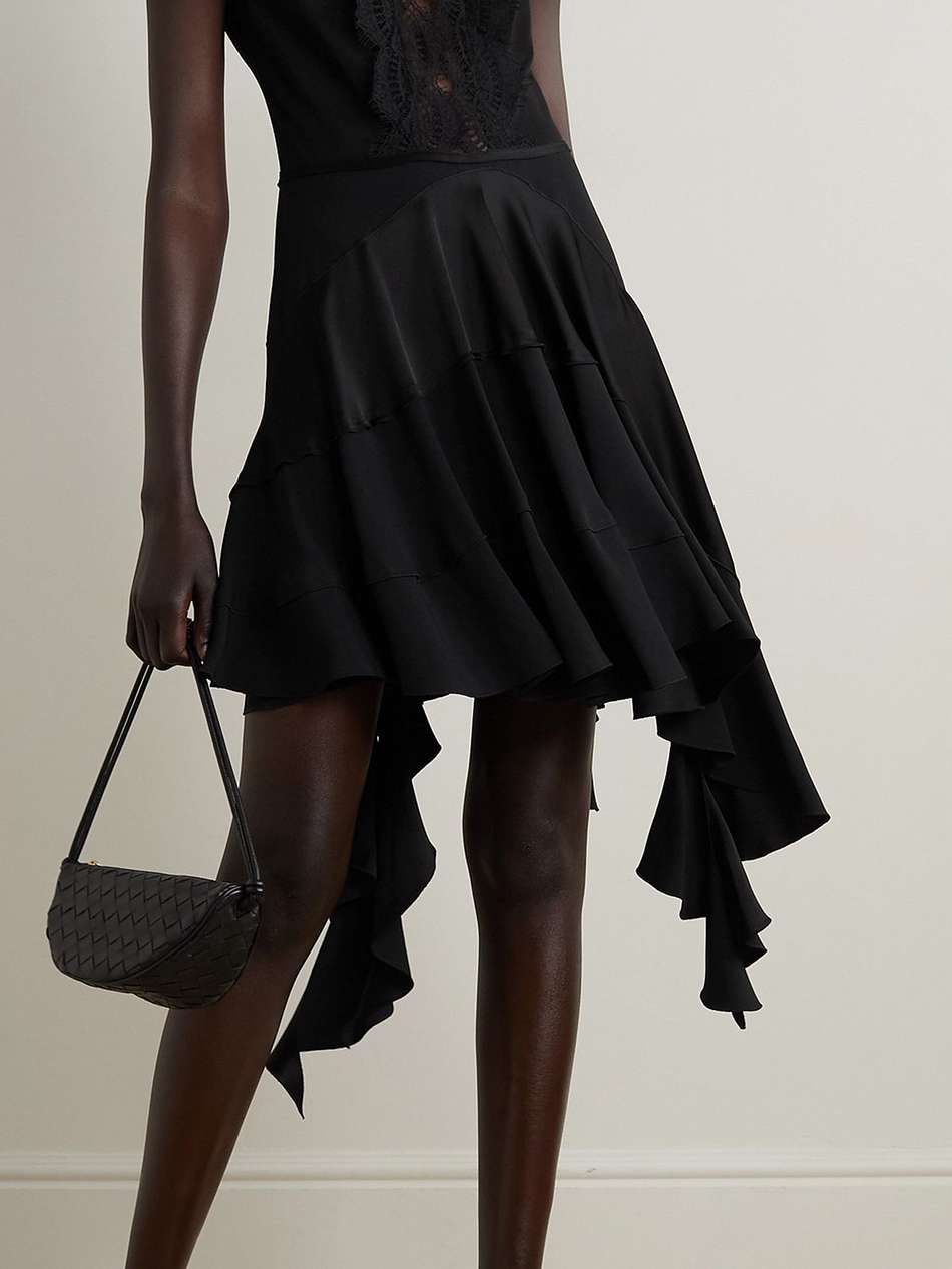 ruffled lace-trimmed jersey and satin mini dress