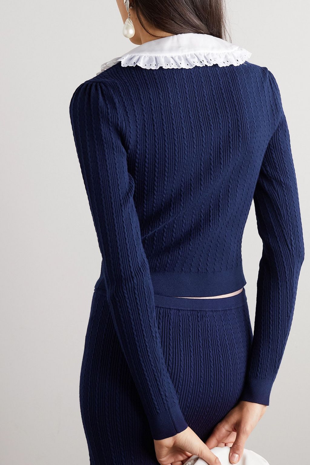 ALESSANDRA RICH Broderie anglaise-trimmed cable-knit cotton-blend cardigan