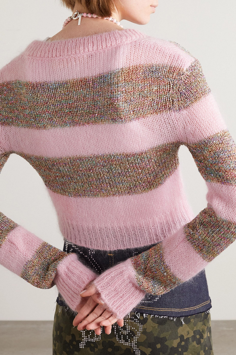 Shop Marni Cropped Sequin-embellished Striped Knitted Cardigan In Baby Pink