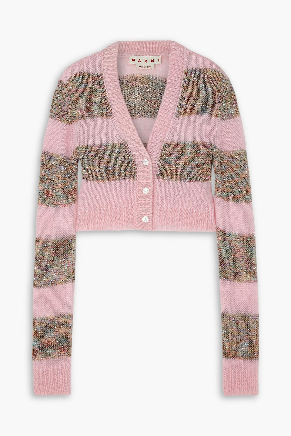 Shop Marni Cropped Sequin-embellished Striped Knitted Cardigan In Baby Pink